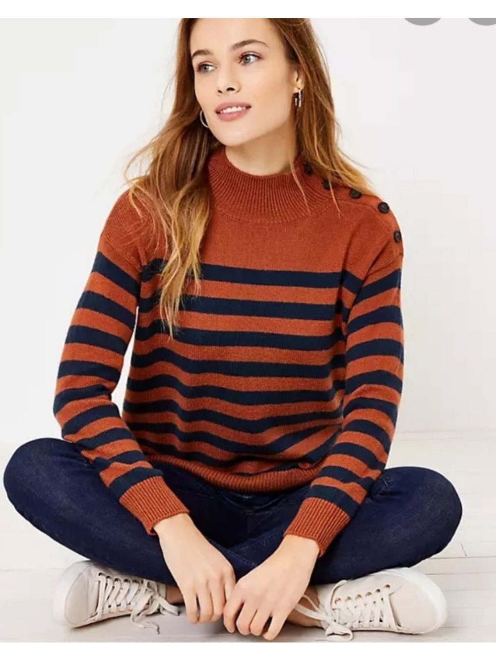 Loft Rust Brown & Blue Striped Shoulder Button Sweater